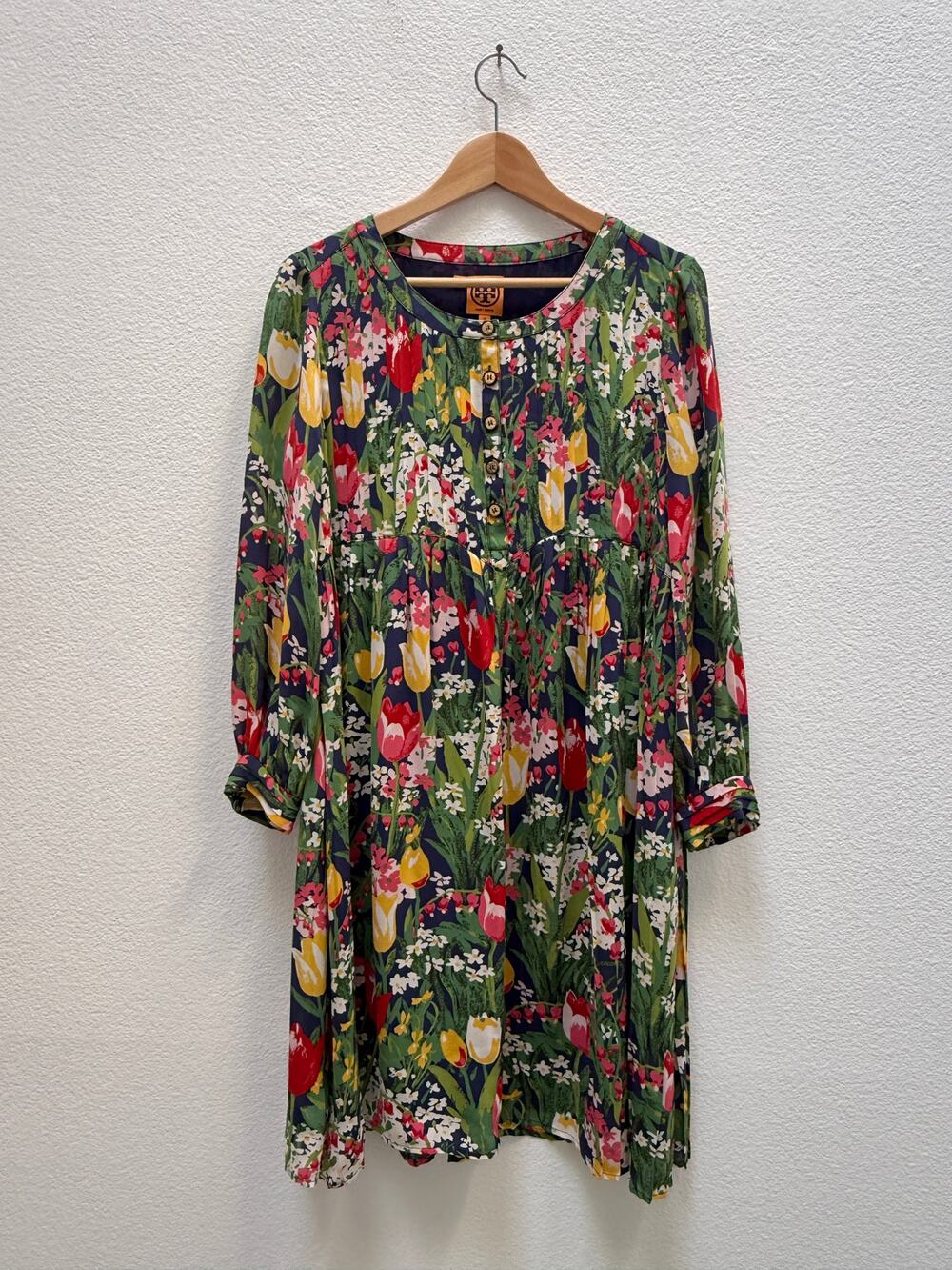 Tory Burch Silk Floral Tulip Mini Dress Size 10 Pintuck Henley Long Sleeve Boho